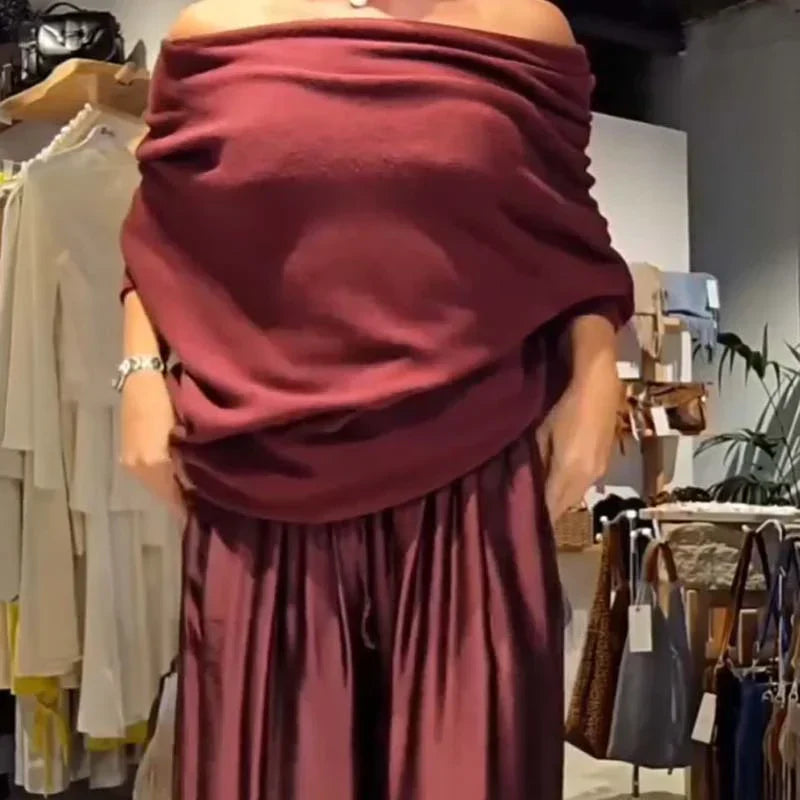 Ernestyna | Komplet z odkrytymi ramionami i szerokimi nogawkami